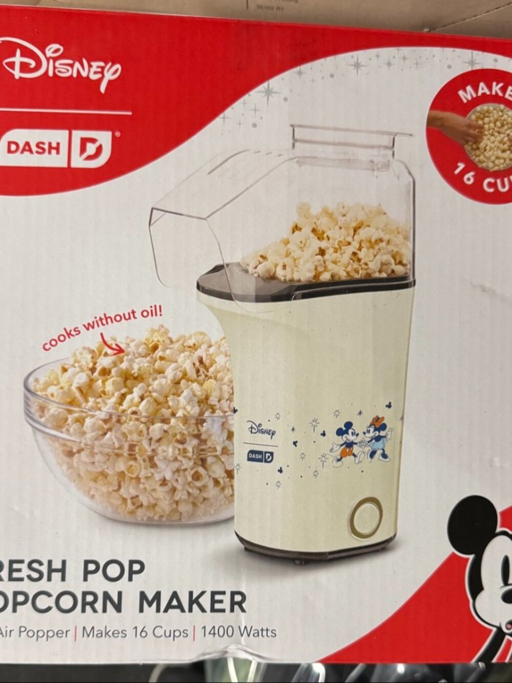 Disney DASH Fresh Pop Popcorn Maker Mickey & Minnie Hot Air Popper 16 Cups